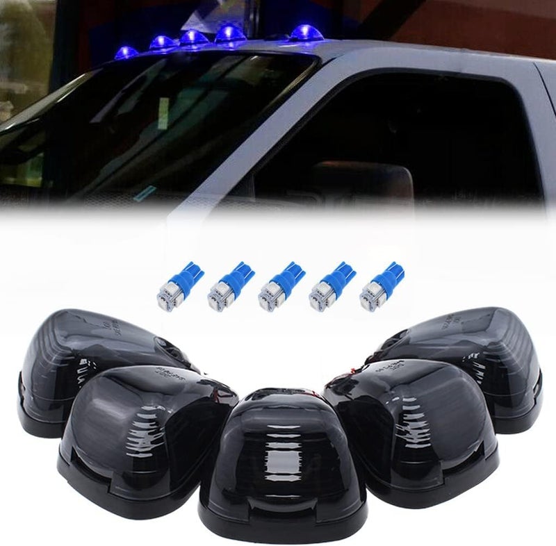GLOFE 5X Black Smoke Lens Cab Roof Marker Running Lamps w/Blue LED Lights Compatible with Ford F150 F250 F350 F450 F550 F650 F750 E150 E250 E350 E450 1999-2016 Super Duty Pickup Trucks - Image 1
